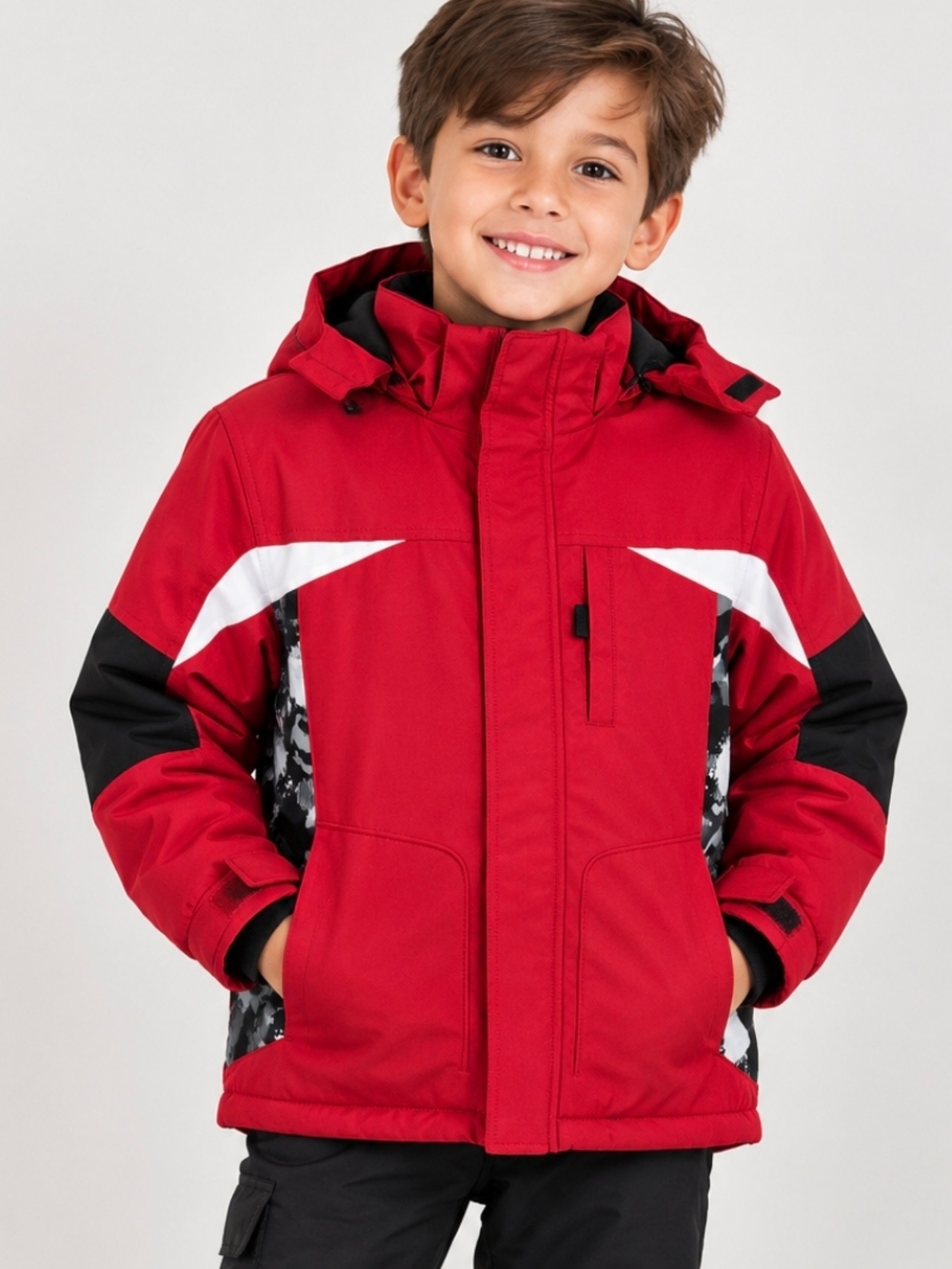 Faded Glory Boys Size  M#8 Red Winter Jacket Hooded Black White Colorblock